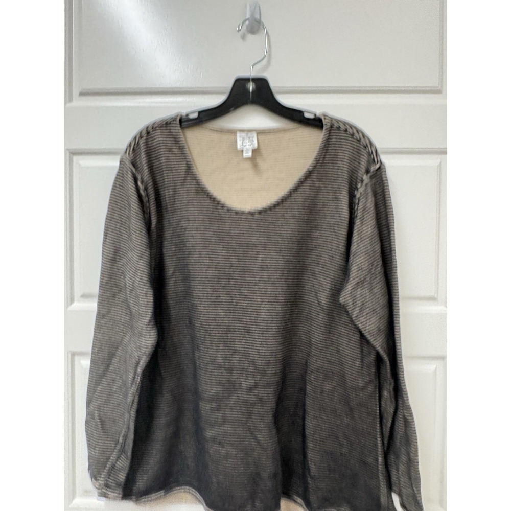 Large Parsley & Sage Top Pullover Black Tan Stripe Hi Lo Hem A12